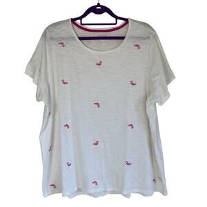 Kim Rogers Curvy Plus Size 2X Slub Cotton T-shirt White w Flamingo Embroidery